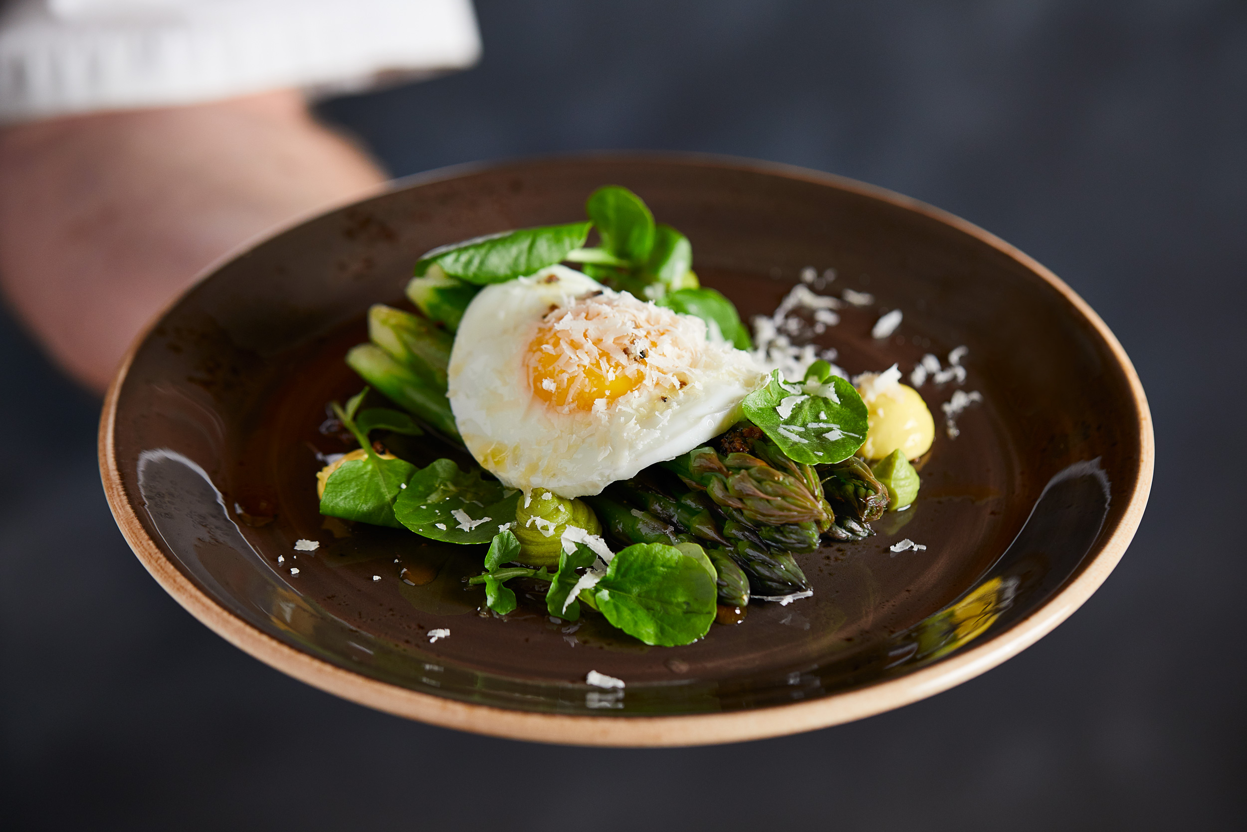 Asparagus Duck Egg and Parmesan. Alastair Ferrier photographer for Macdonald Hotels.