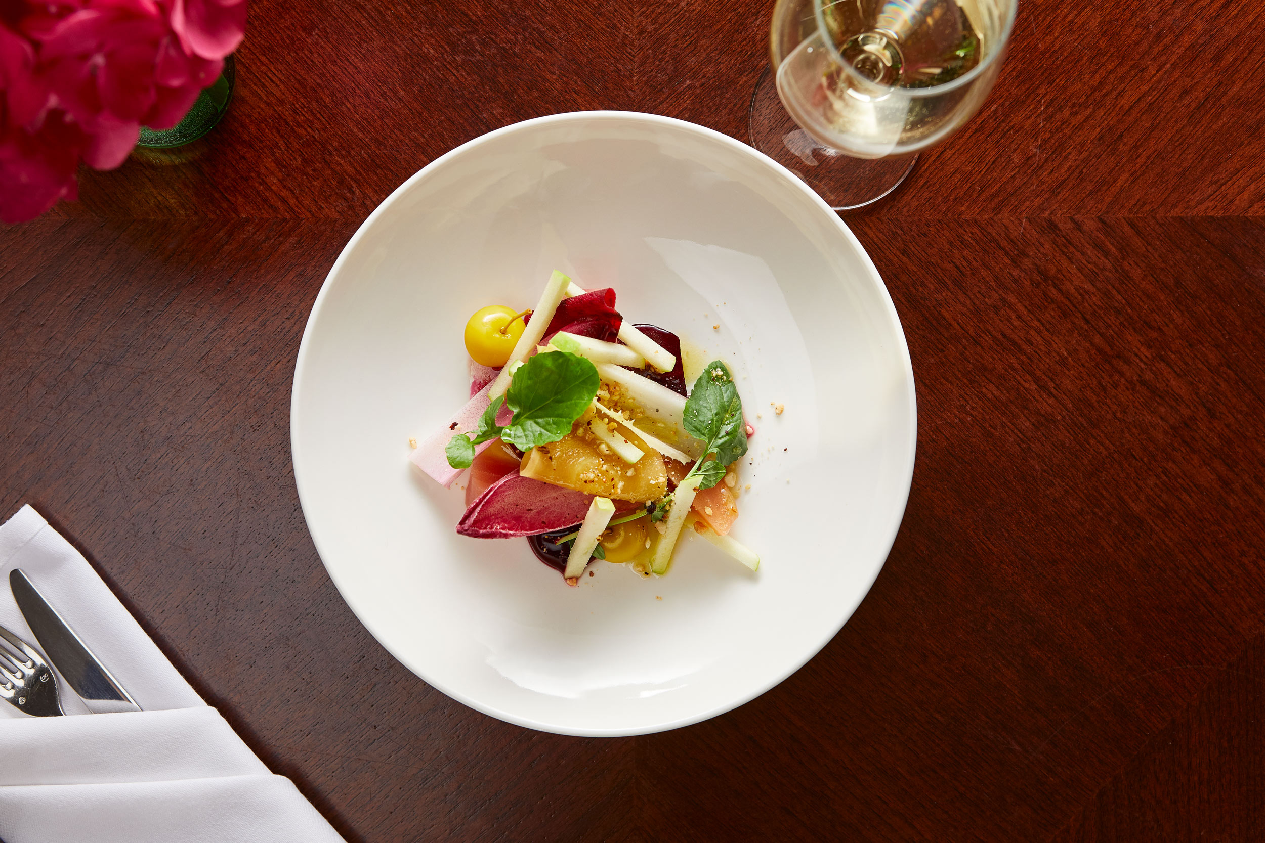 Beet Apple and Hazelnut Salad at Bath Spa Hotel. Alastair Ferrier photographer.