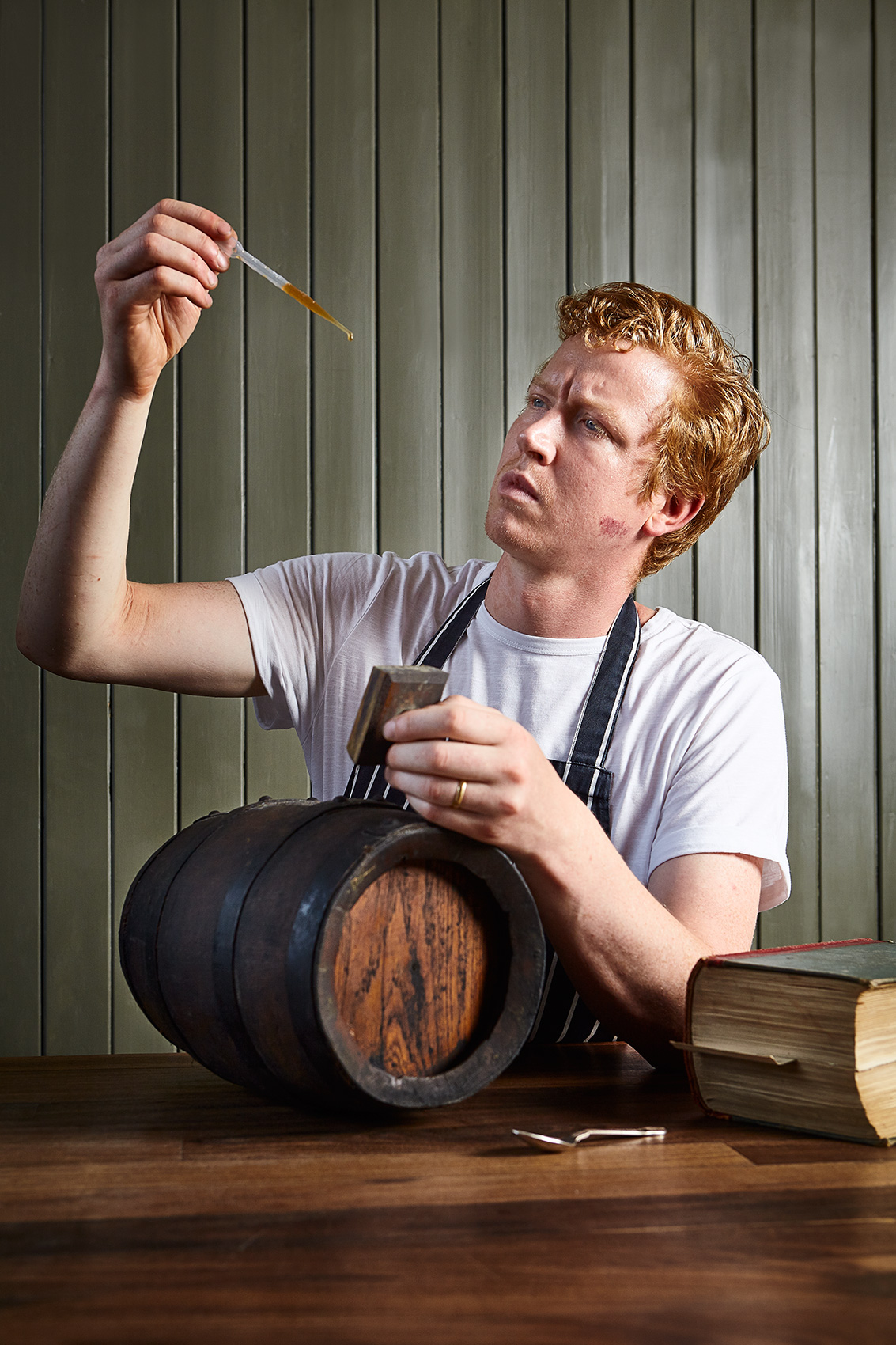 Chef Ben Reade testing & tasting matured Apple Vinegar, Edinburgh food photography 