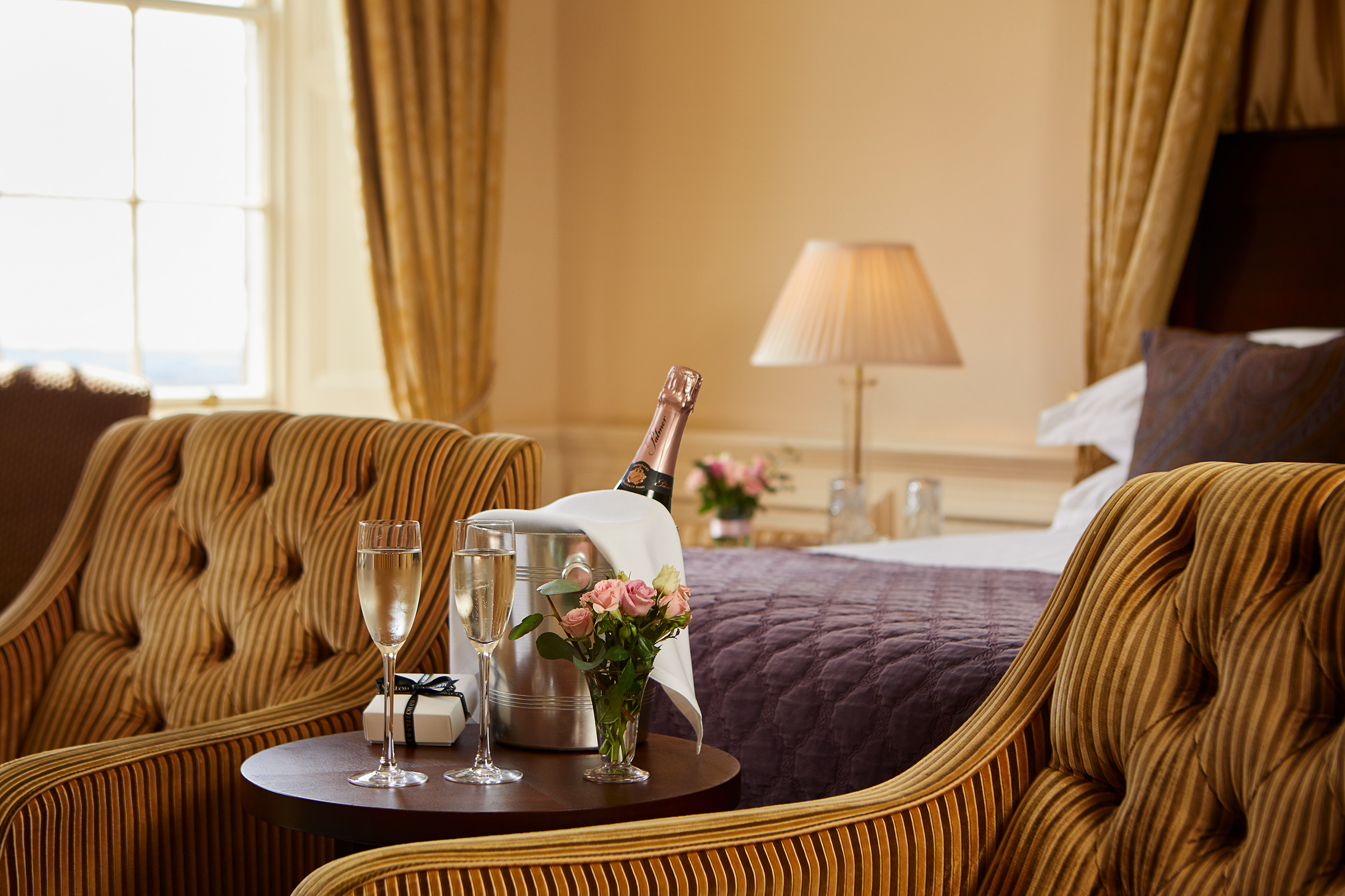 Bridal Suite & Champagne, Ansty Hall. Hospitality and restaurant photographer, Macdonald hotels