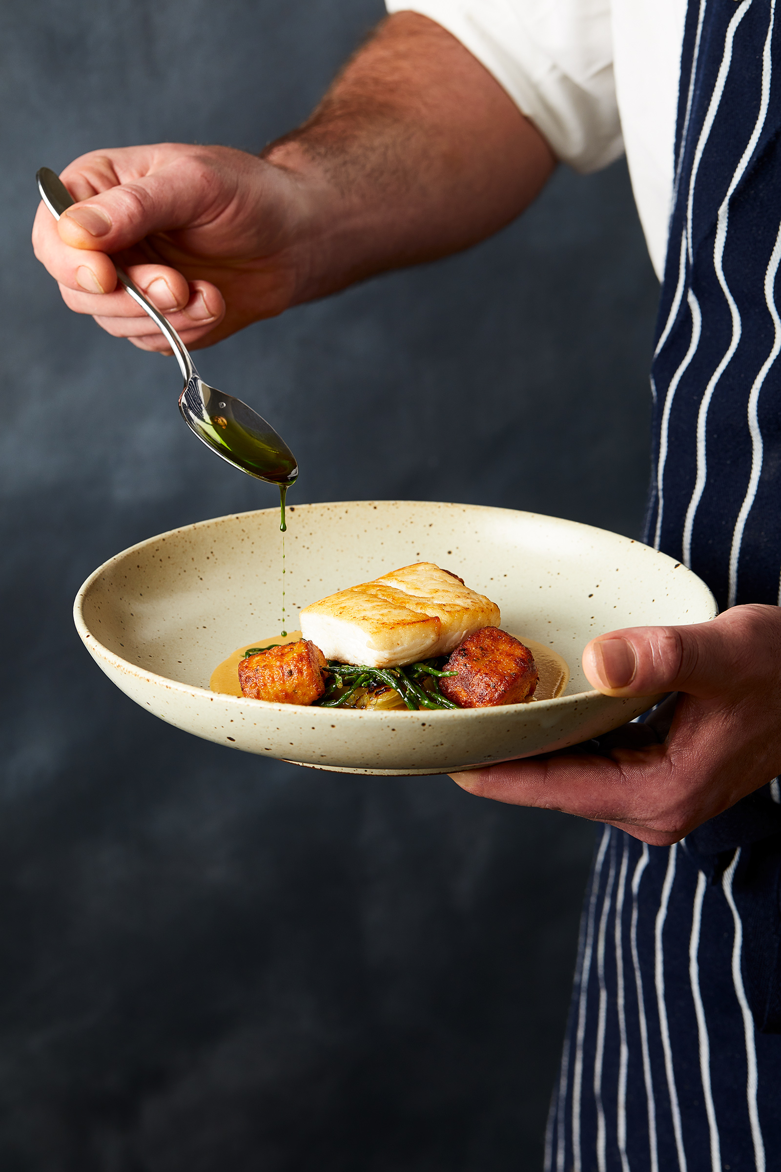 Roast fillet of Halibut and Herb Oil, Glasgow food and drink photographer, 