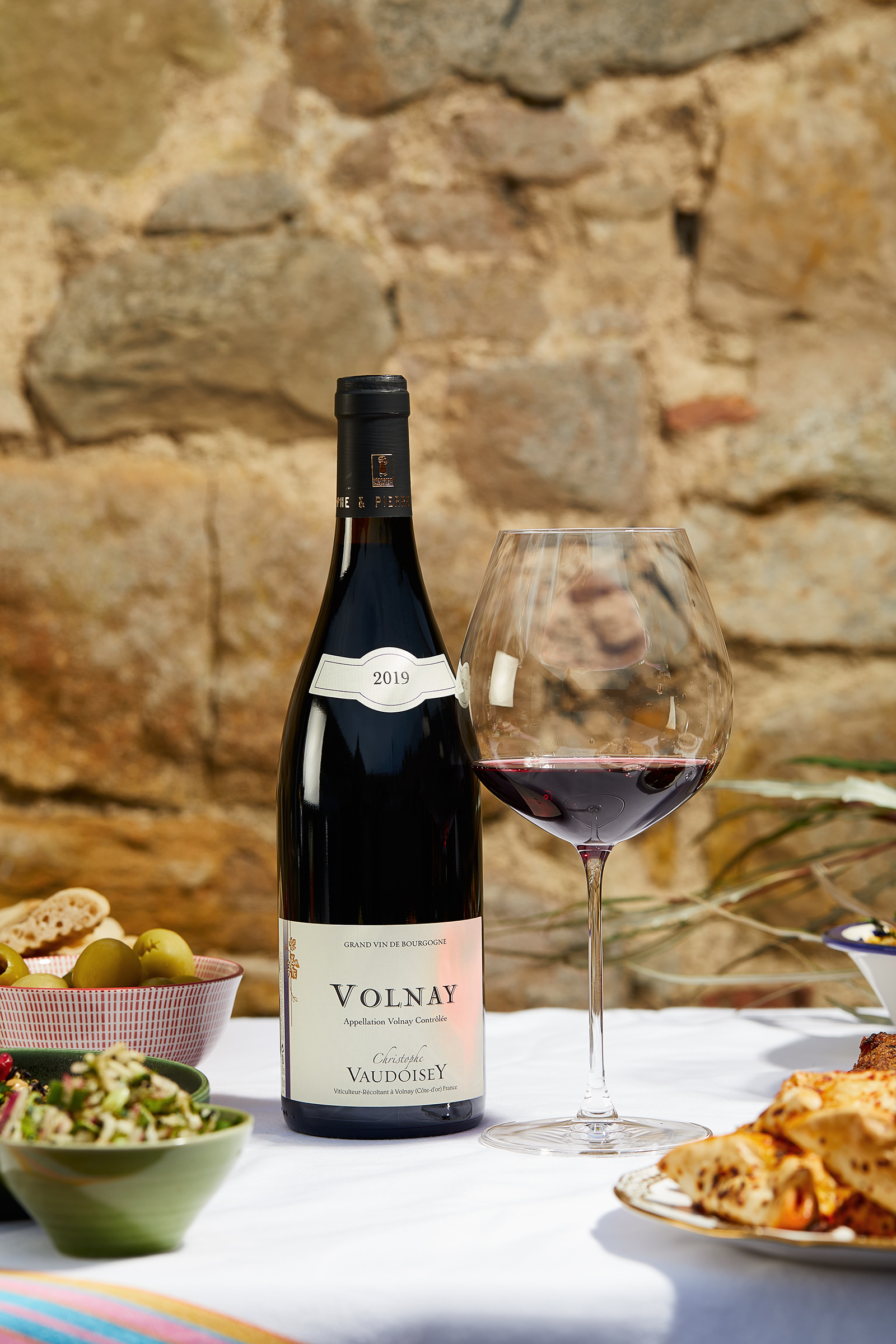 Glass of Vaudoisey Volnay wine, De Burgh Wine Merchants, food and drink photographer
