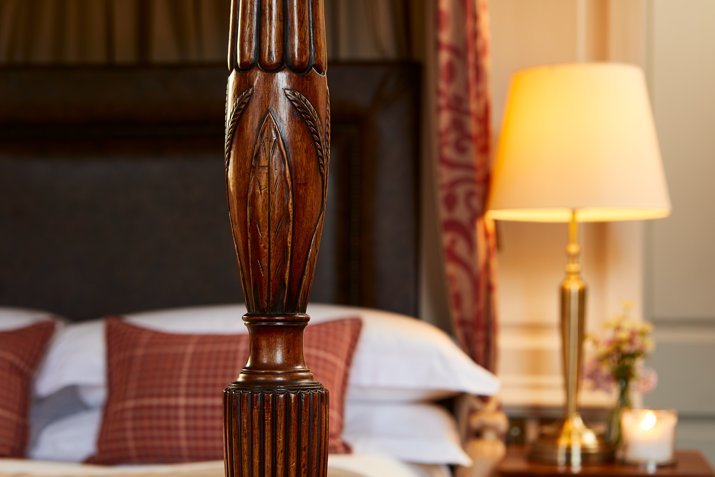 Four poster bed, wood detail, Houston House Hotel, UK interiors photographer