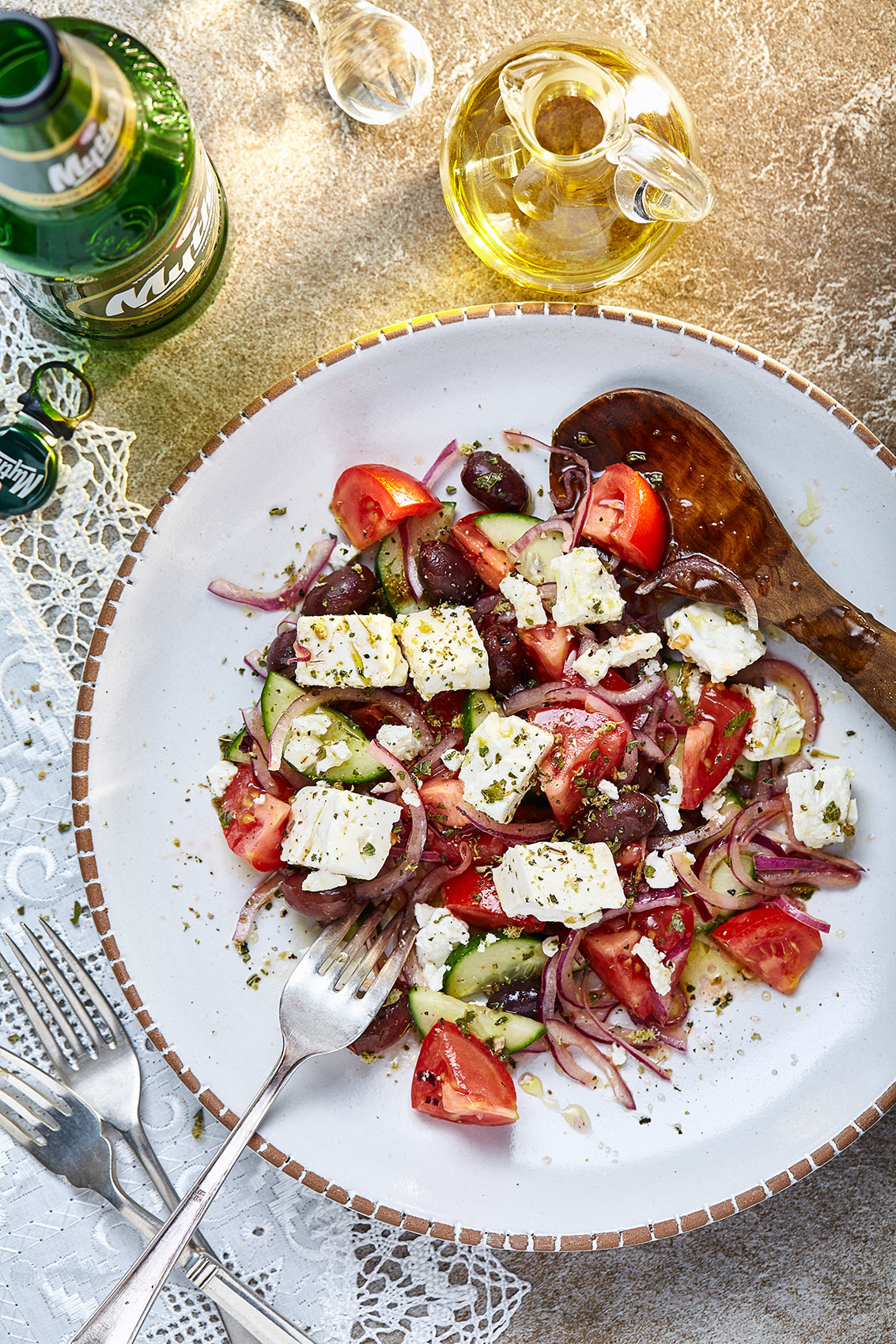 Greek Salad & bottle of Mythos Beer, food photographer Edinburgh
