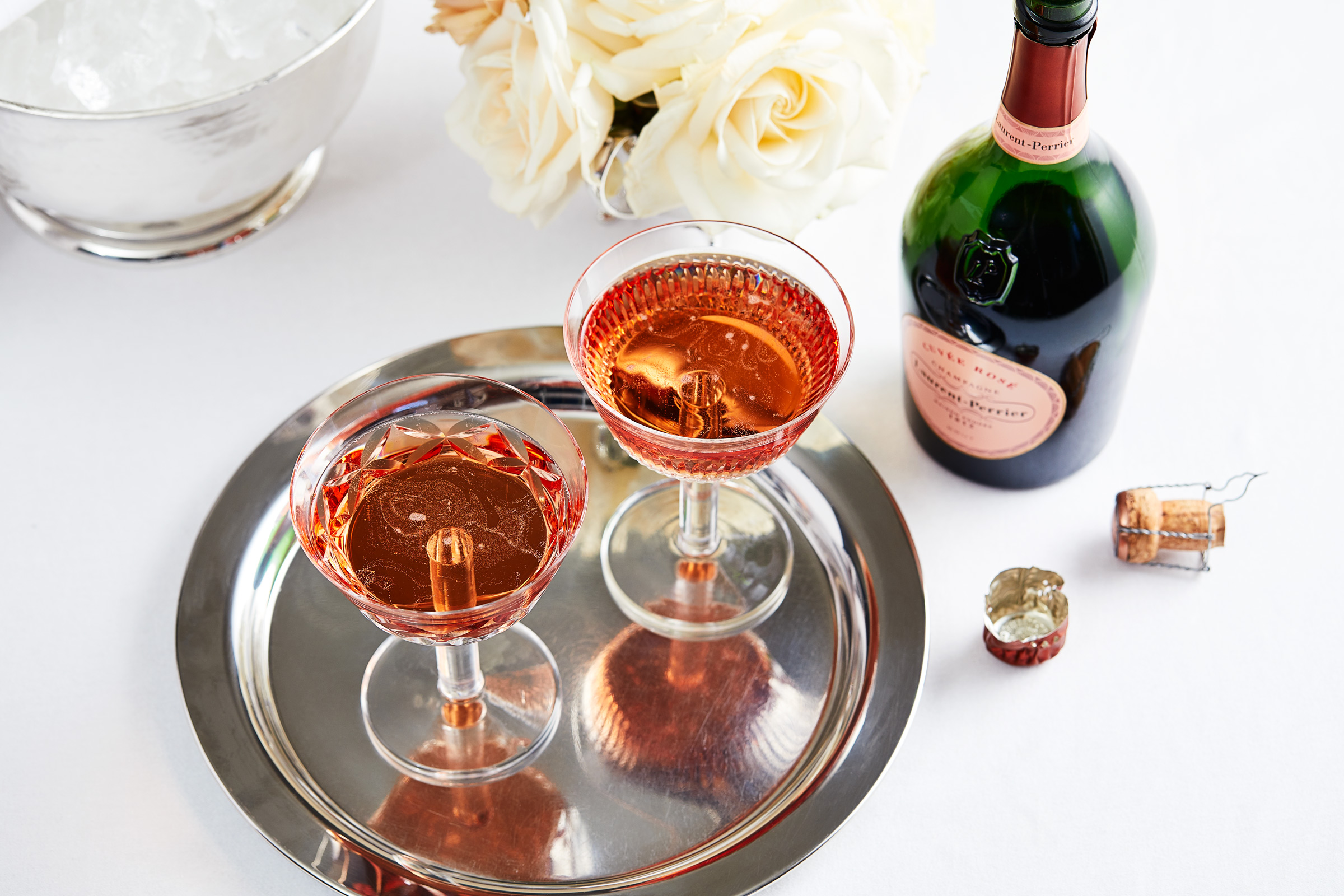 Laurent Perrier Rose Champagne Coupe Glasses, Alastair Ferrier, Edinburgh food photographer.
