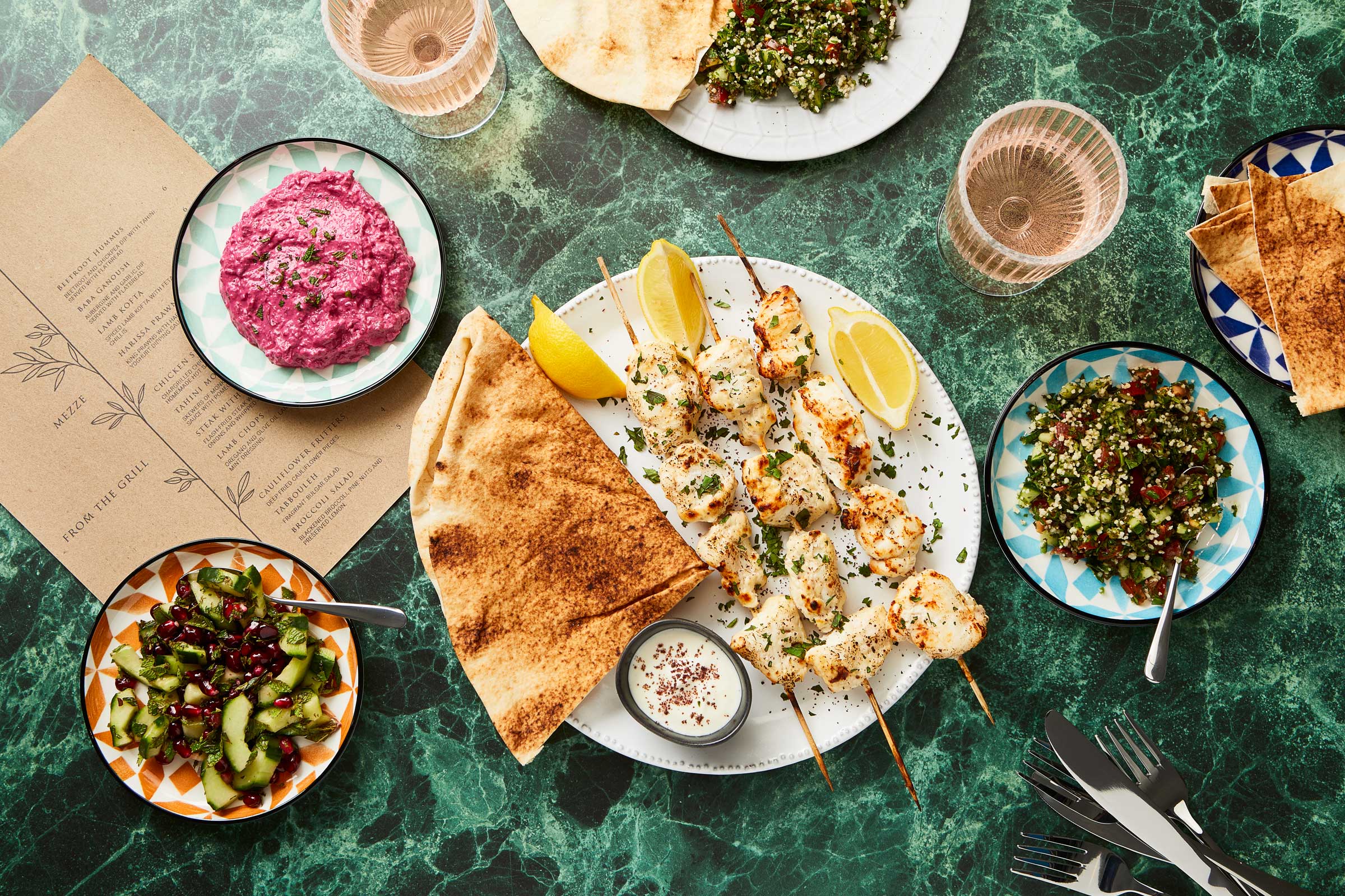 Monkfish Tahini Skewers for Love Seafood, restaurant food photography by Alastair Ferrier, Edinburgh based food and drink photographer.