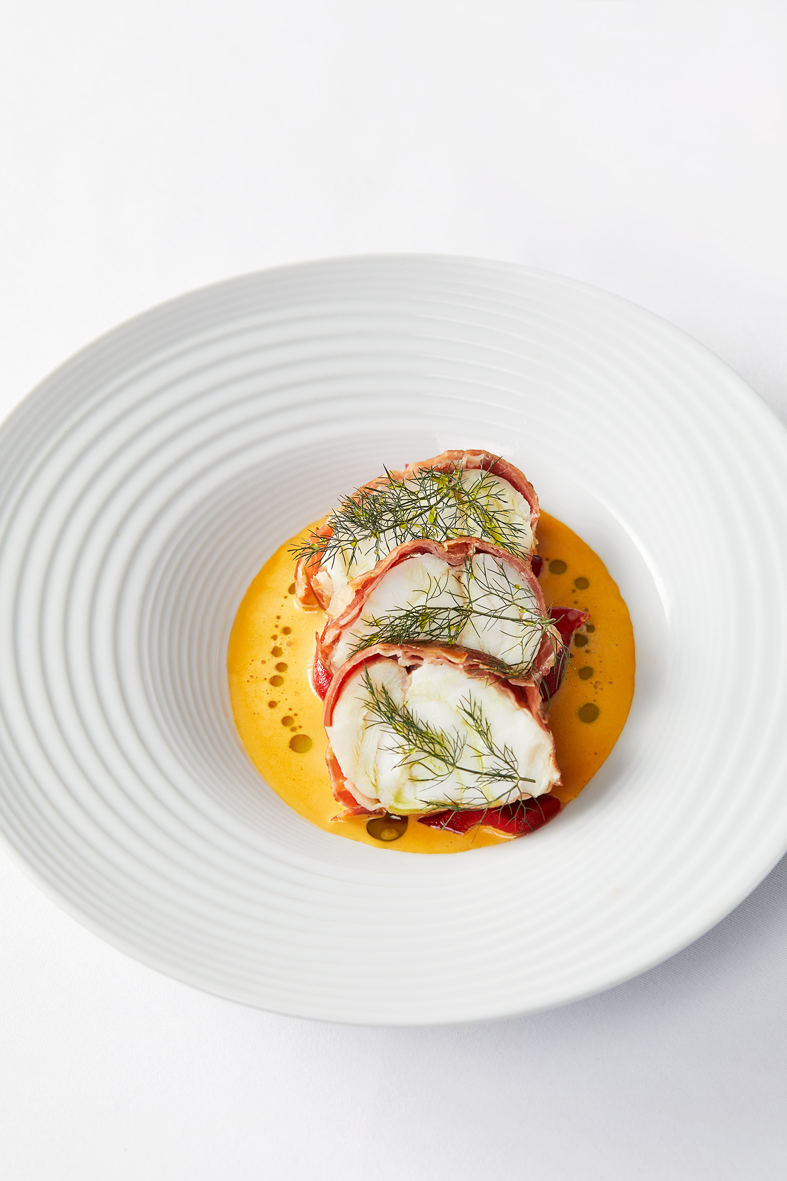 Pancetta wrapped Monkfish & Shellfish Sauce at The Compleat Angler, Alastair Ferrier photographer