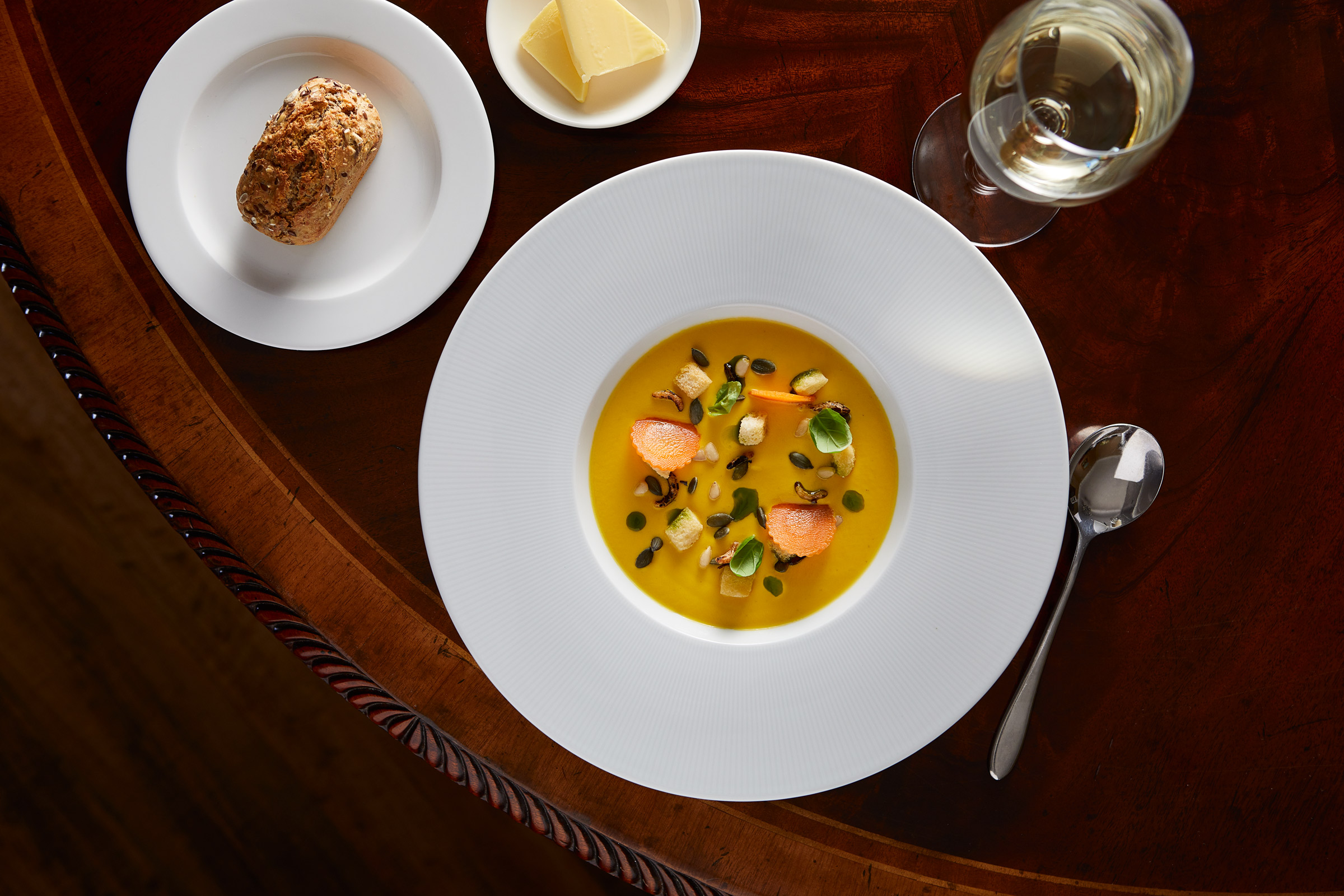 Carrot & Squash Soup with herb oil and toasted sunflower seeds at The Drumosse Hotel