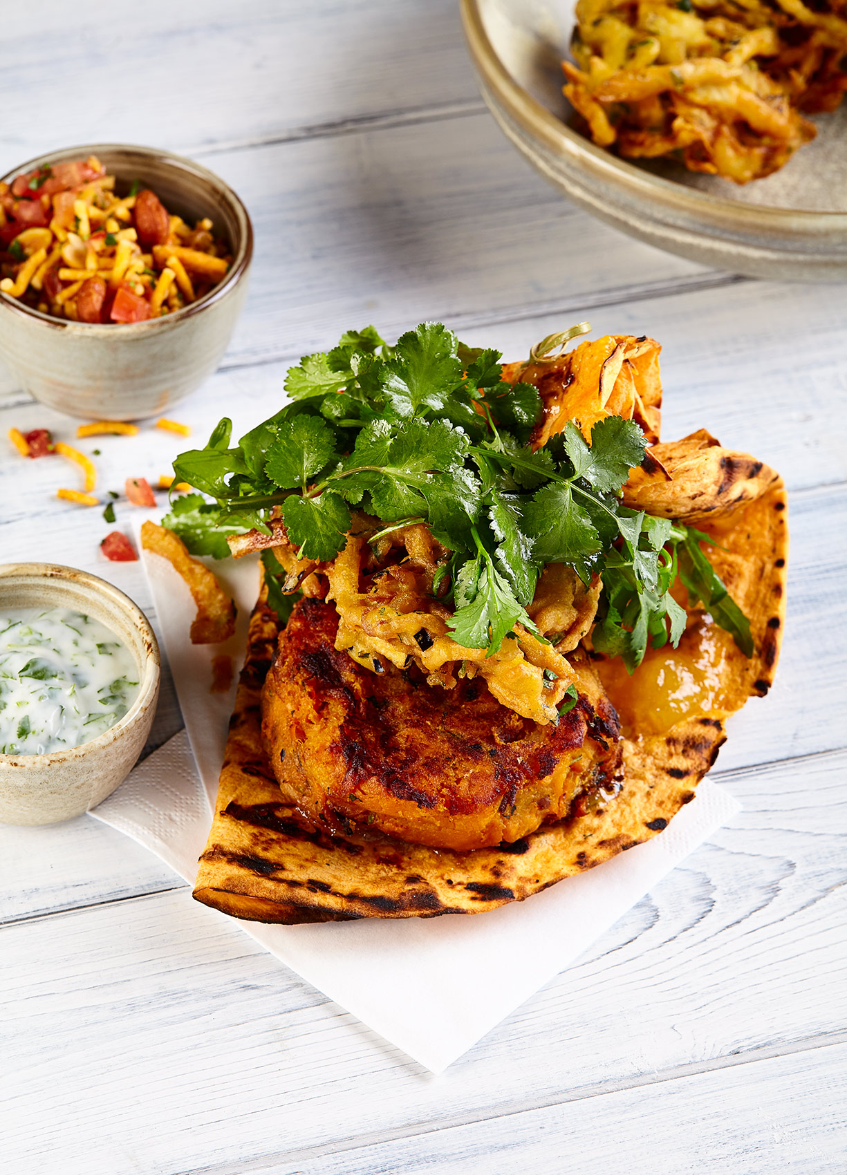 Veg Pakora Wrap, Bombay mix, mango chutney, Herringbone Restaurant And Bar 